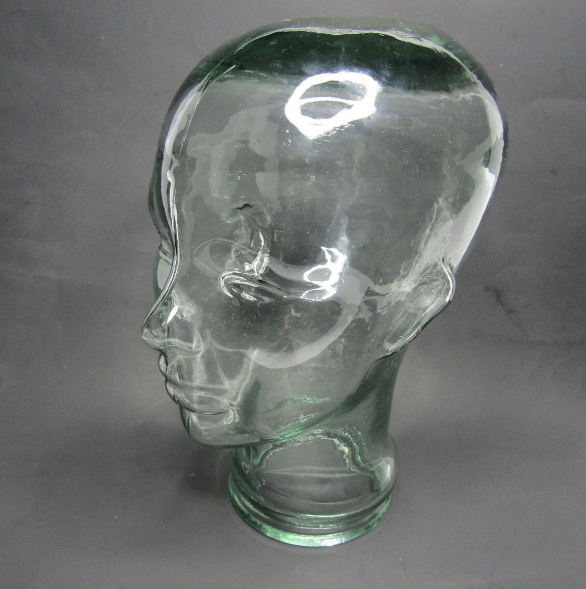 Clear Glass Head Mannequin Teal Blue Green Tint Wig Hat Art Skull 11.5″ Vintage
