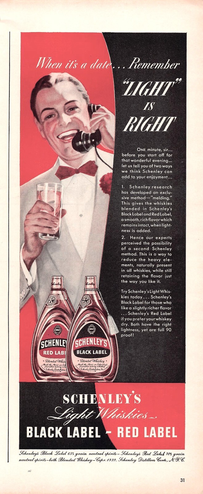 Schenley’s Light Whiskies Black and Red Label Melded 1939 Vtg Magazine Print Ad