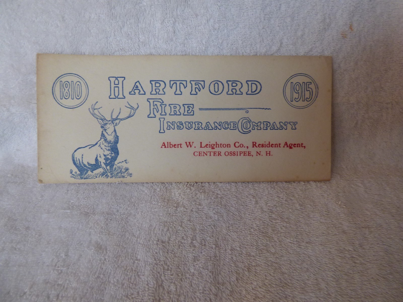 1915 HARTFORD Fire Insurance Co BLOTTER Albert W Leighton Center Ossipee NH