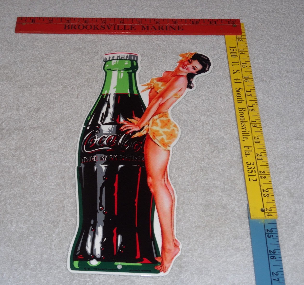 VINTAGE DRINK COCA COLA W/ WOMAN👩& BOTTLE 14″ METAL COKE SODA GASOLINE OIL SIGN
