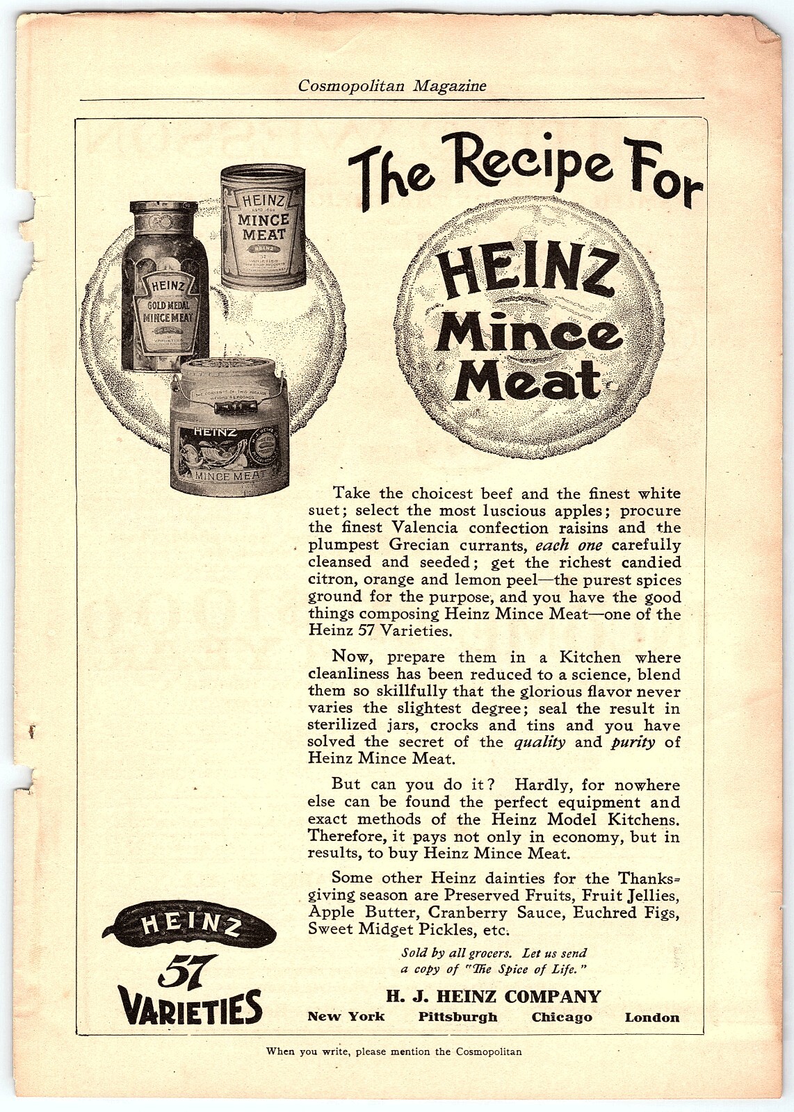 c1900 H.J. HEINZ COMPANY HEINZ 57 VARIETIES MINCE MEAT FULL PAGE PRINT AD Z6216