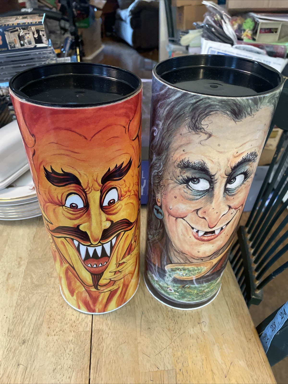 2 Canisters Halloween 1995 Market Square Foods Co. Great Graphics WITCH & DEVIL