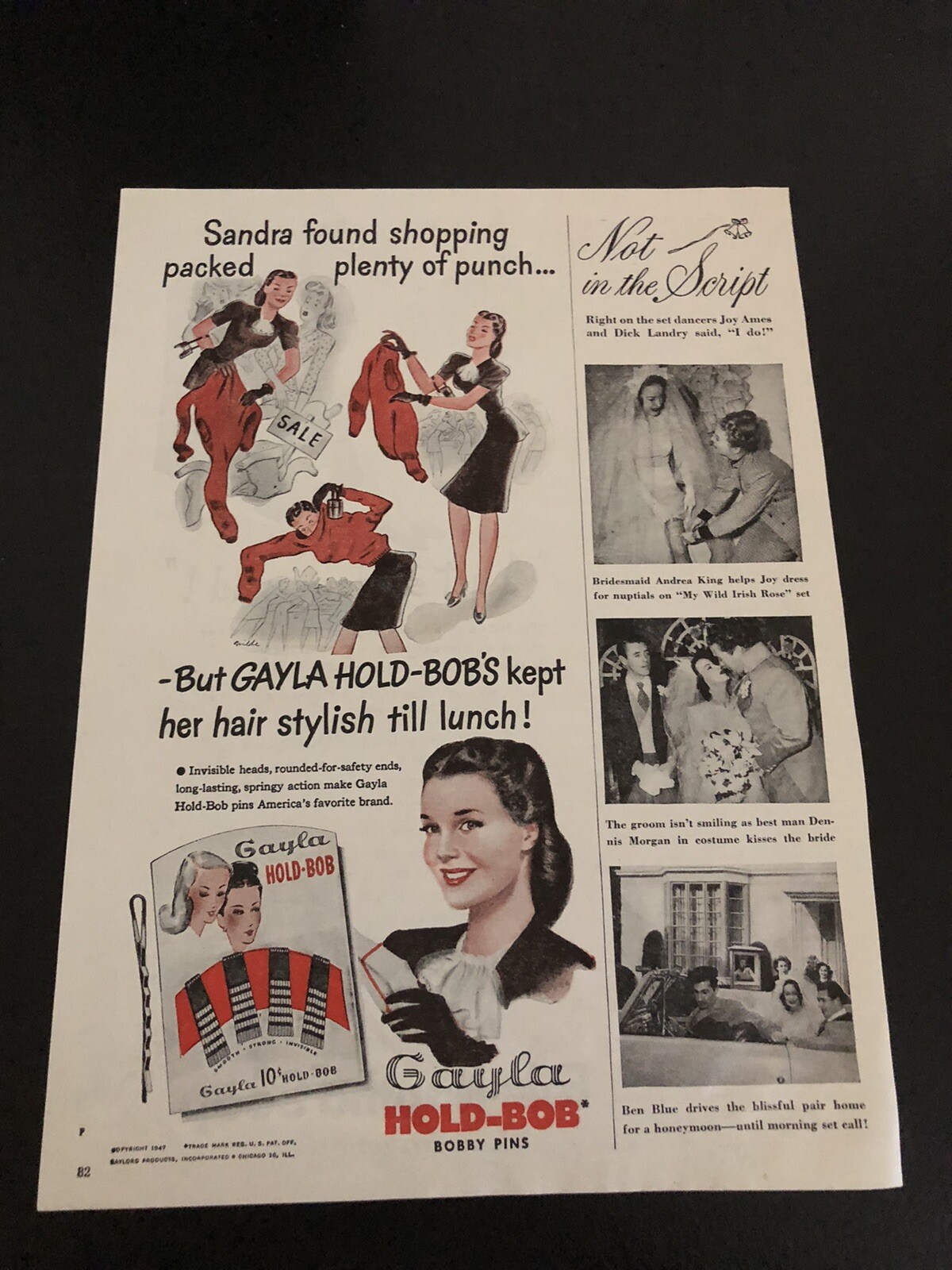 1947 GAYLA HOLD-BOB BOBBY PINS / FELS-NAPTHA SOAP – Vintage 2-sided Ads