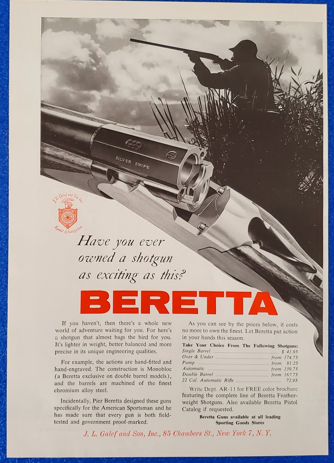 1961 BERETTA SILVER SNIPE DOUBLE BARREL SHOTGUN ORIGINAL FIREARMS / GUN PRINT AD