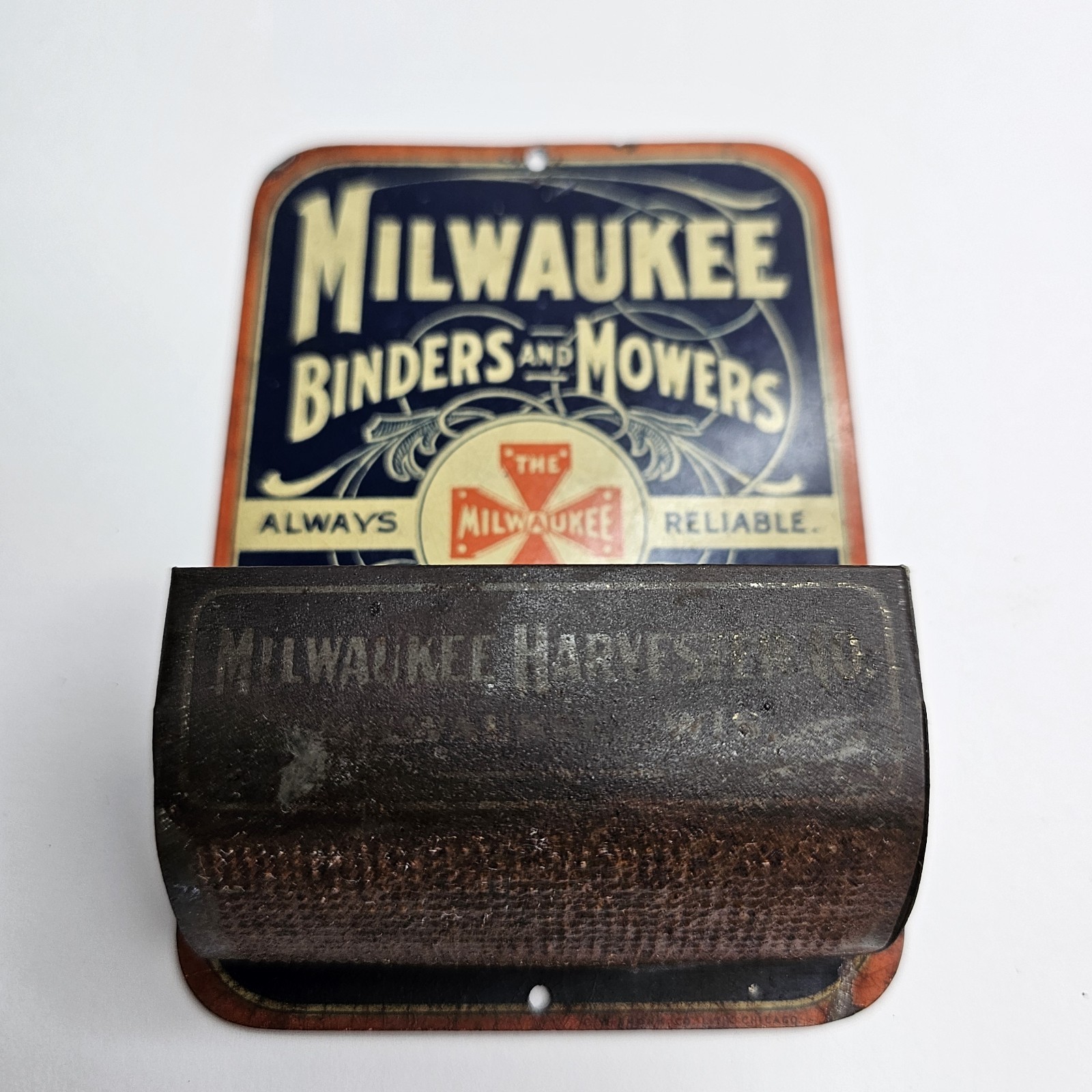 Antique Advertising Milwaukee Harvester Co. Binders & Mowers Tin Match Holder