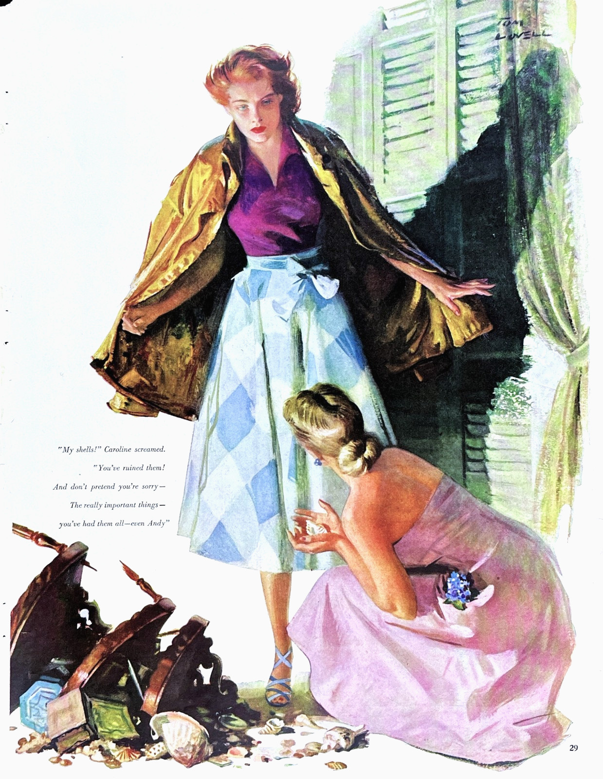 Tom Lovell 1951 McCall’s Magazine Illustration Broken Furniture Girl Drama Scene