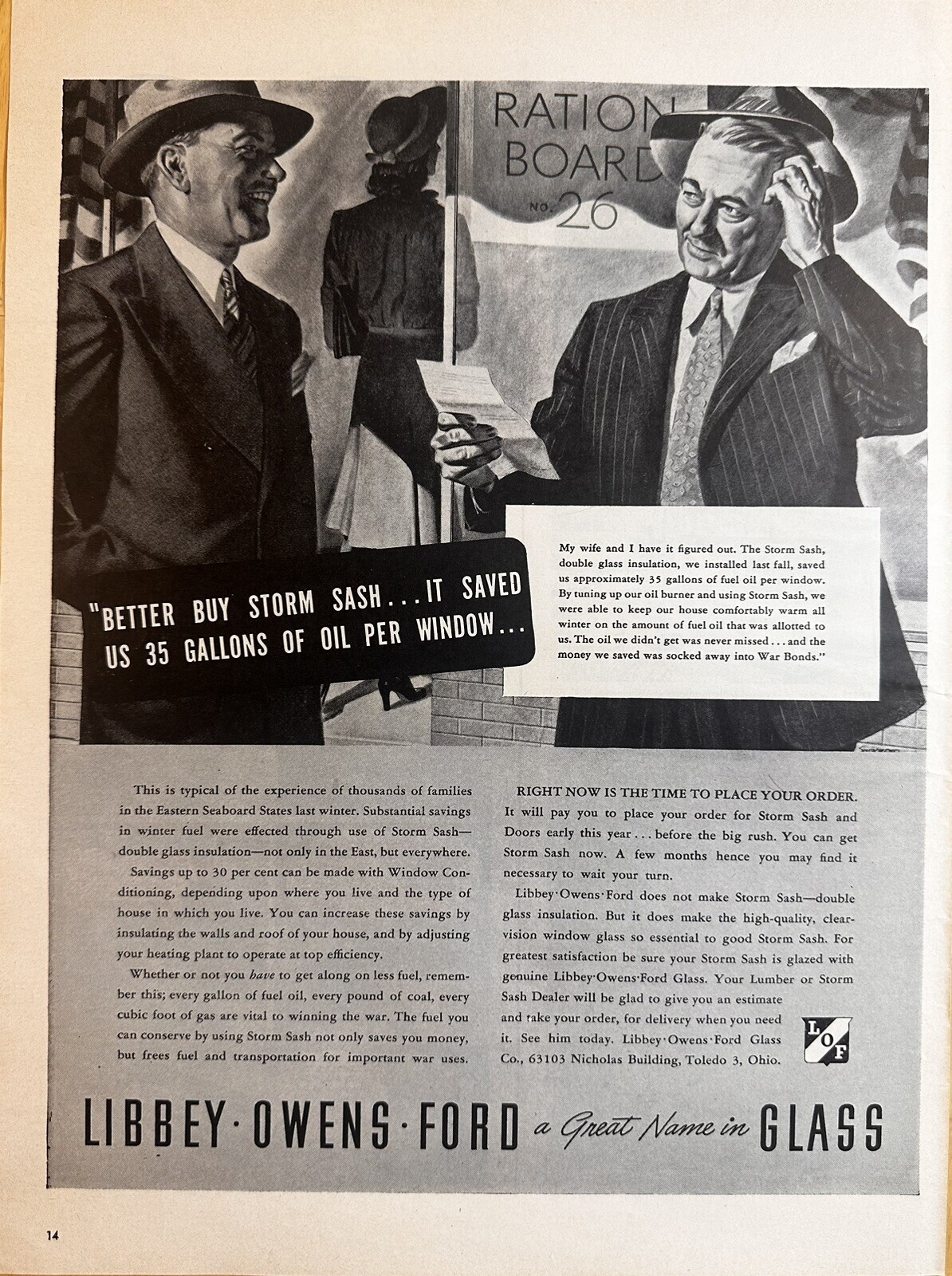 1943 Libbey, Owens, Ford A Great Name In Glass B&W Print Ad