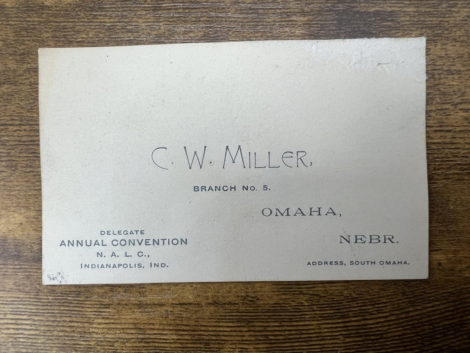 C.W. Miller Omaha Nebraska Delegate Card N.A.L.C. Annual Convention 1892 US Mail