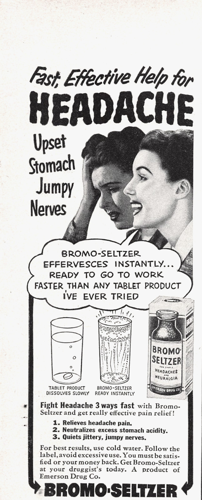 Bromo-Seltzer Effervescent Pain Relief Emerson Drug Co 1951 Magazine Print Ad