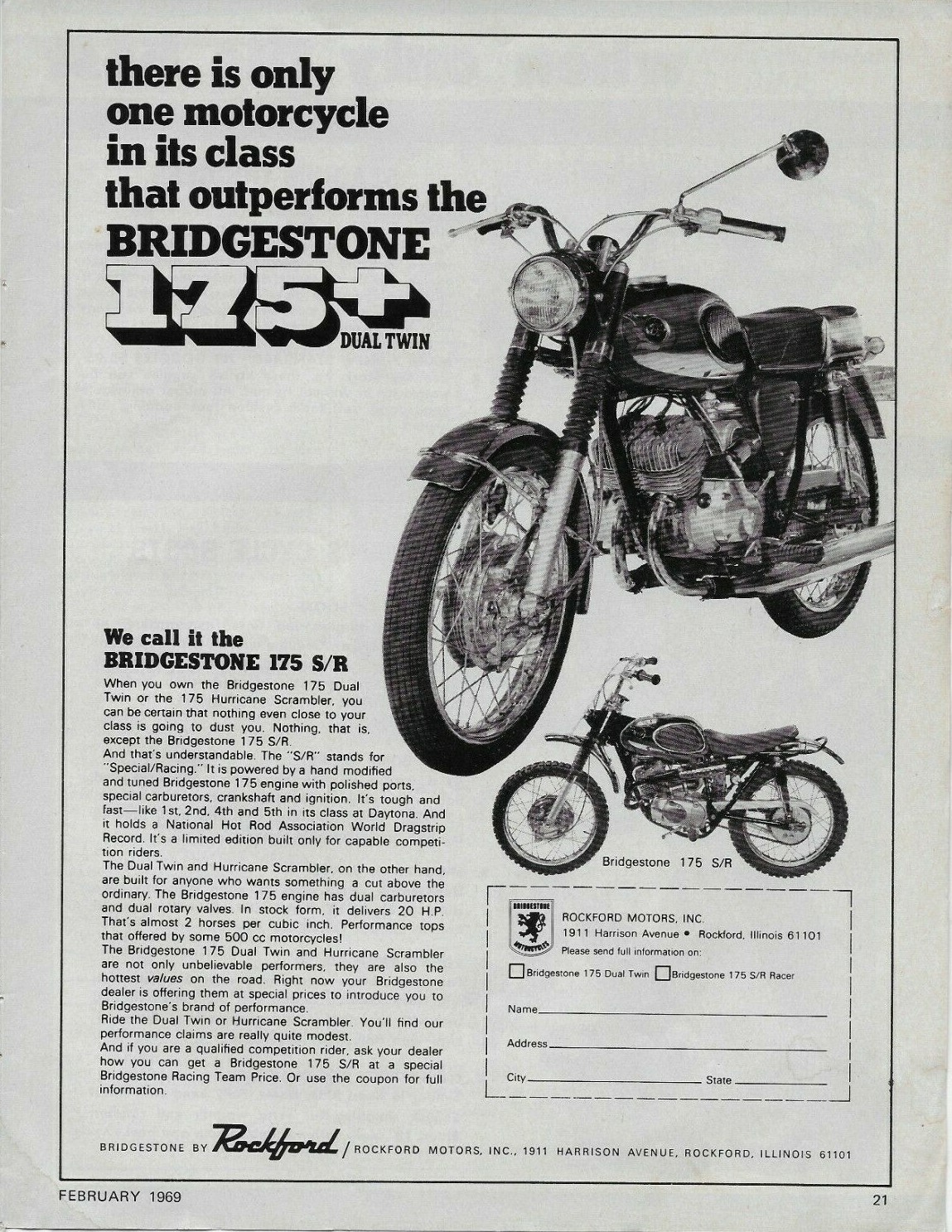 1969 Bridgestone 175+ Dual Twin S/R Hurricane Scrambler Bike VINTAGE PRINT AD