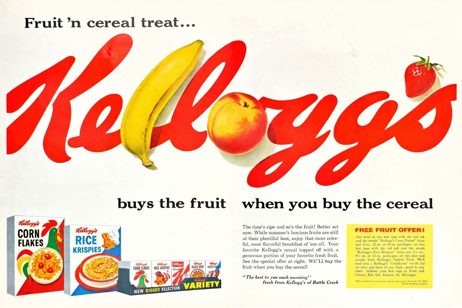 Battle Creek MI Kellogg’s Corn Flakes Rice Krispies Fruit Offer Vtg Mag Print Ad