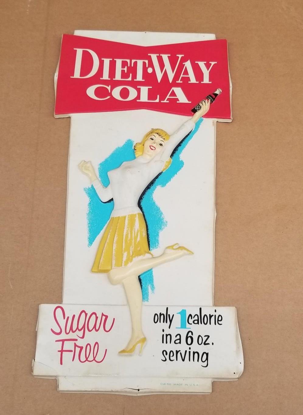 Vintage 1963 Diet-Way Cola Sugar Free 6 oz. 3-D Pop Girl Sign 19″ x 10″ UP5