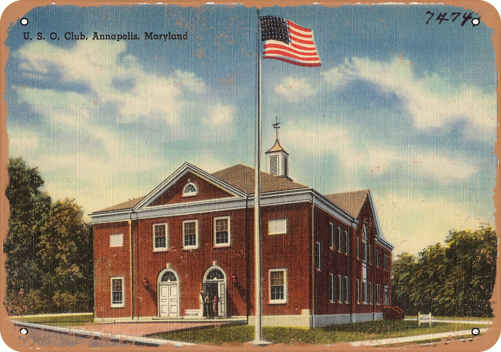 Metal Sign – Maryland Postcard – U. S. O. Club, Annapolis, Maryland