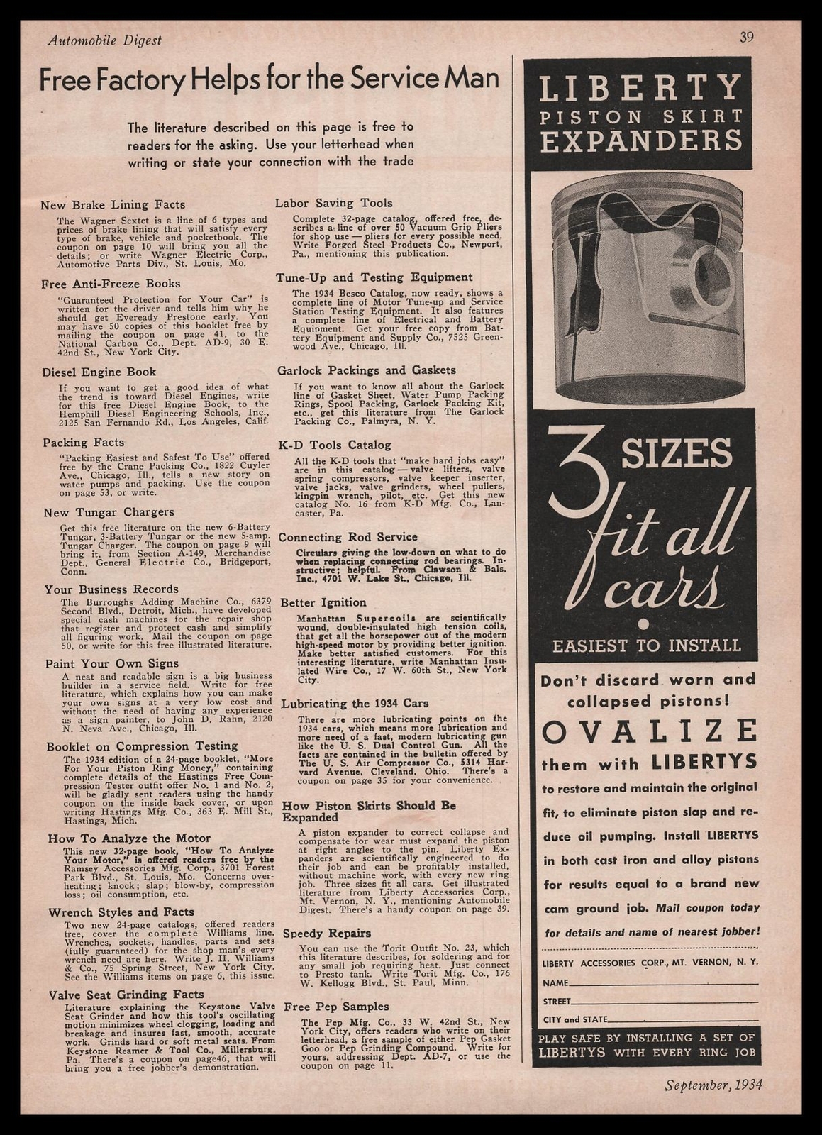 1934 Liberty Accessories Corp Mt Vernon New York Piston Skirt Expanders Print Ad