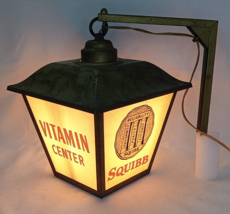 Vintage Hanging Advertising Light Display Squibb Prescriptions Store Sign