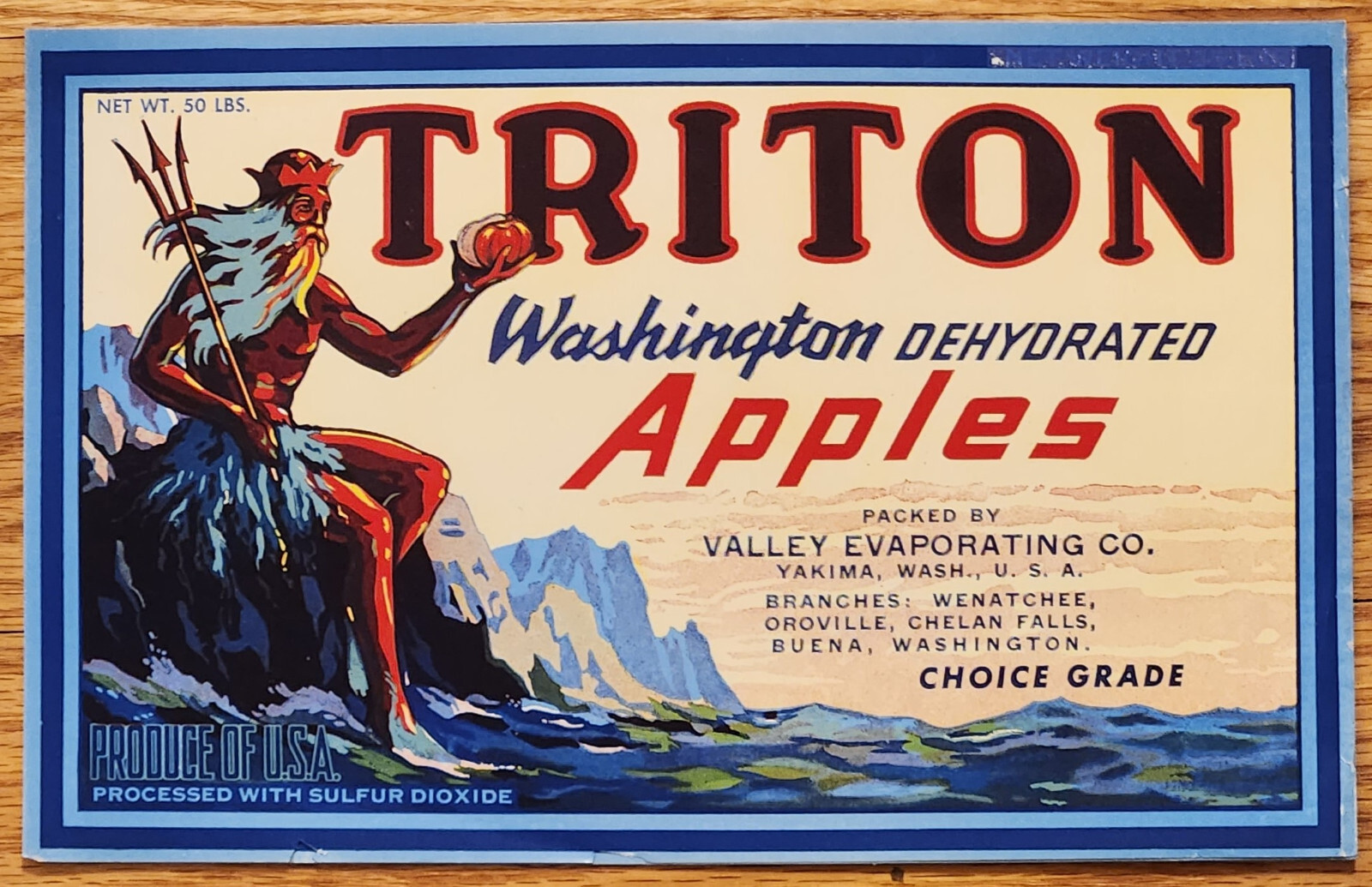 Triton Washington Dehydrated Apples Crate Label Yakima Washington King Neptune