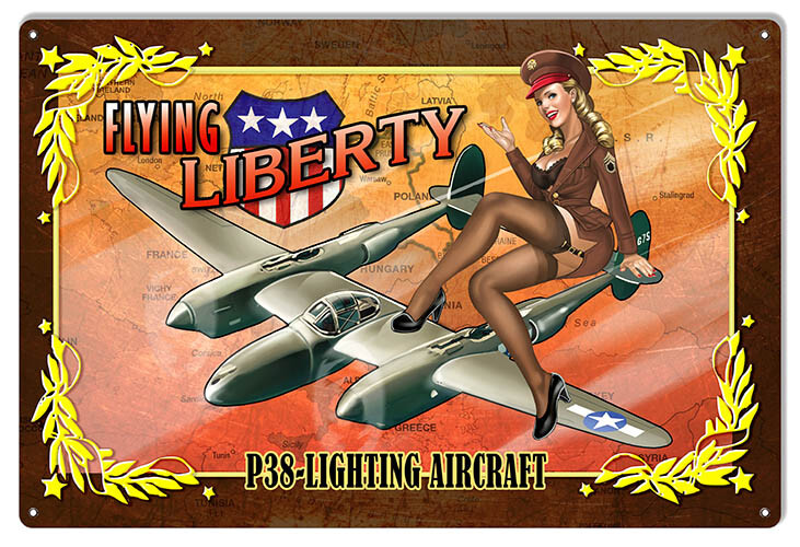 FLYING LIBERTY P38 WW2 PLANE PINUP GIRL 18″ HEAVY DUTY USA MADE METAL ADV SIGN