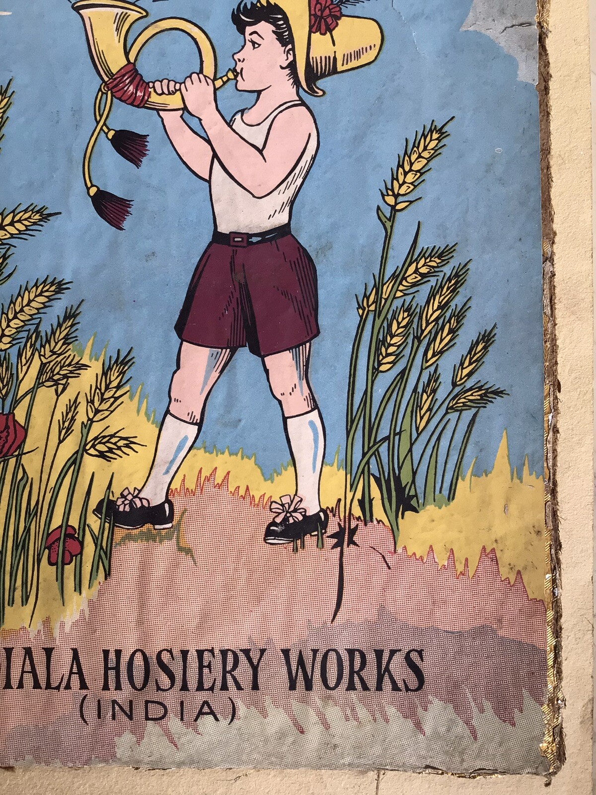 Vintage Indian Advertisement Sign Boy Bugle Hosiery Rare India Art Kitsch