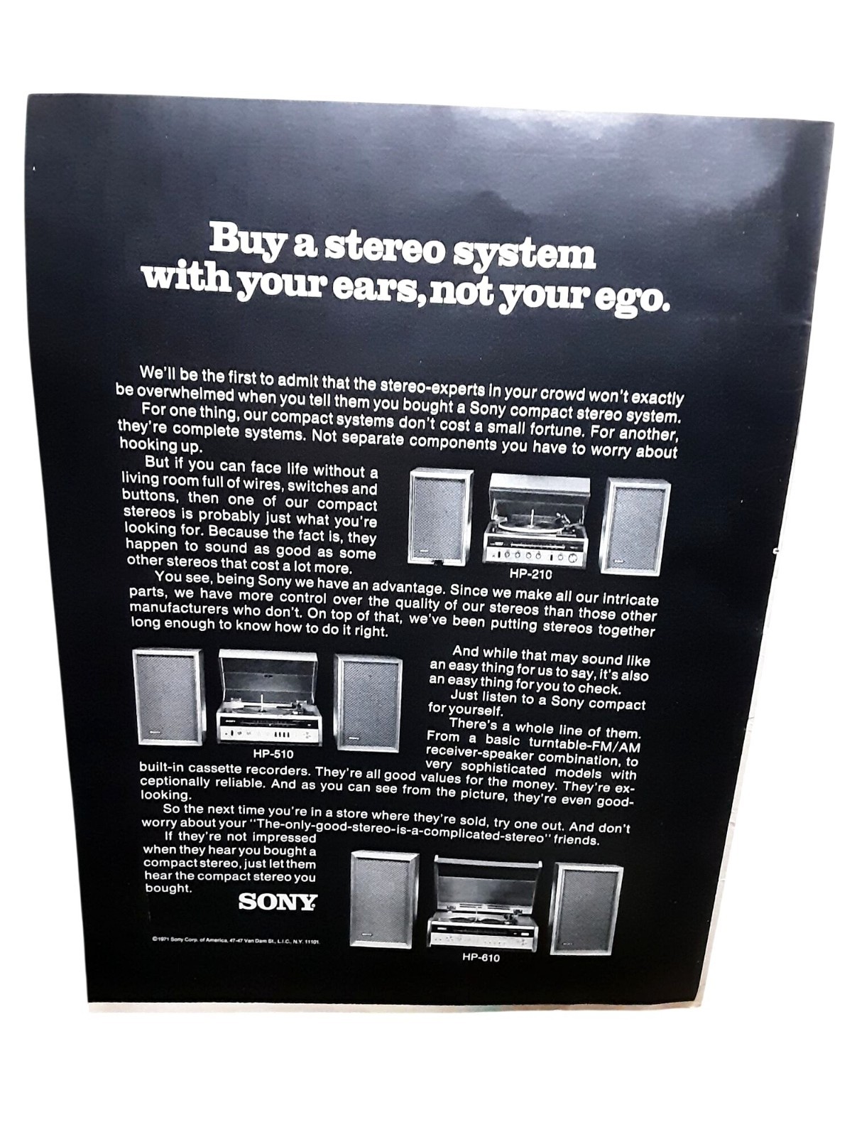 1971 Sony Compact Stereo System Vintage Electronics Print Ad HP 210 510 610
