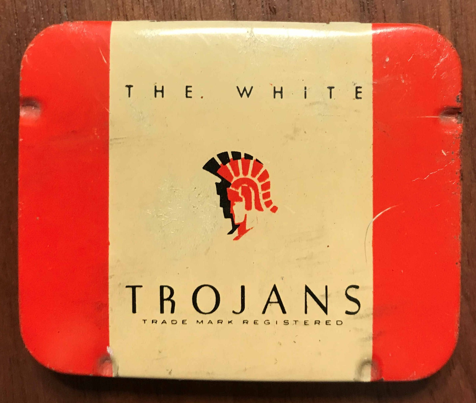 VINTAGE THE WHITE TROJANS CONDOM TIN YOUNGS RUBBER CORP. with Condoms