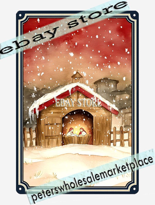 Crimson Stable Metal Tin Sign Vintage Nativity Scene
