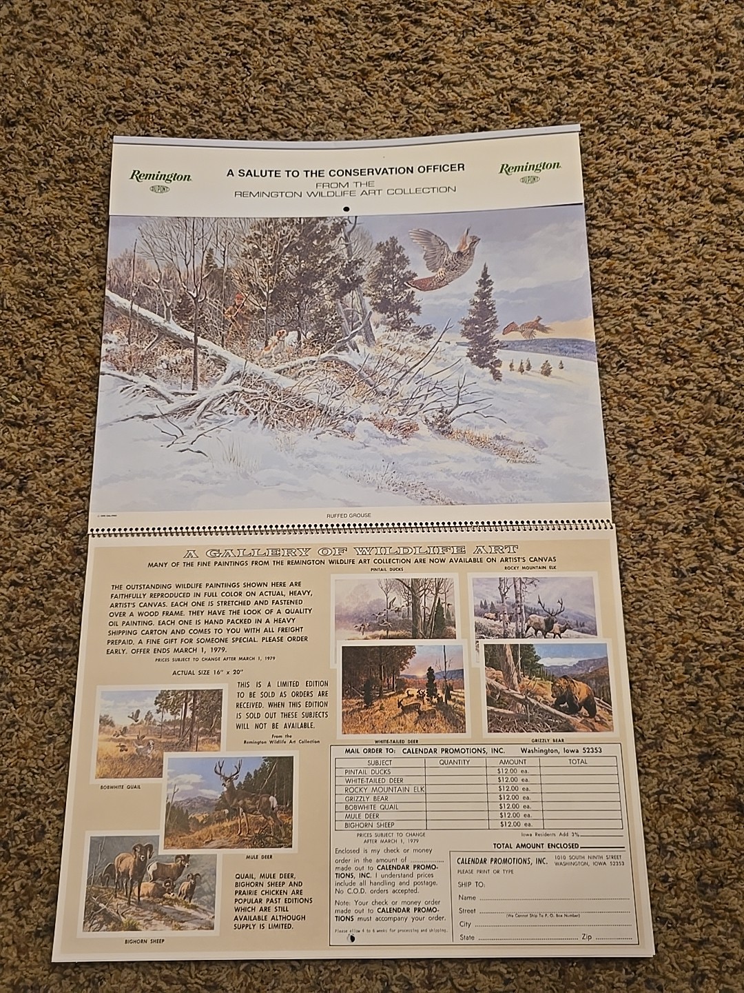1979 Remington Dupont Wall Calendar American Wildlife Hunting Art NOS