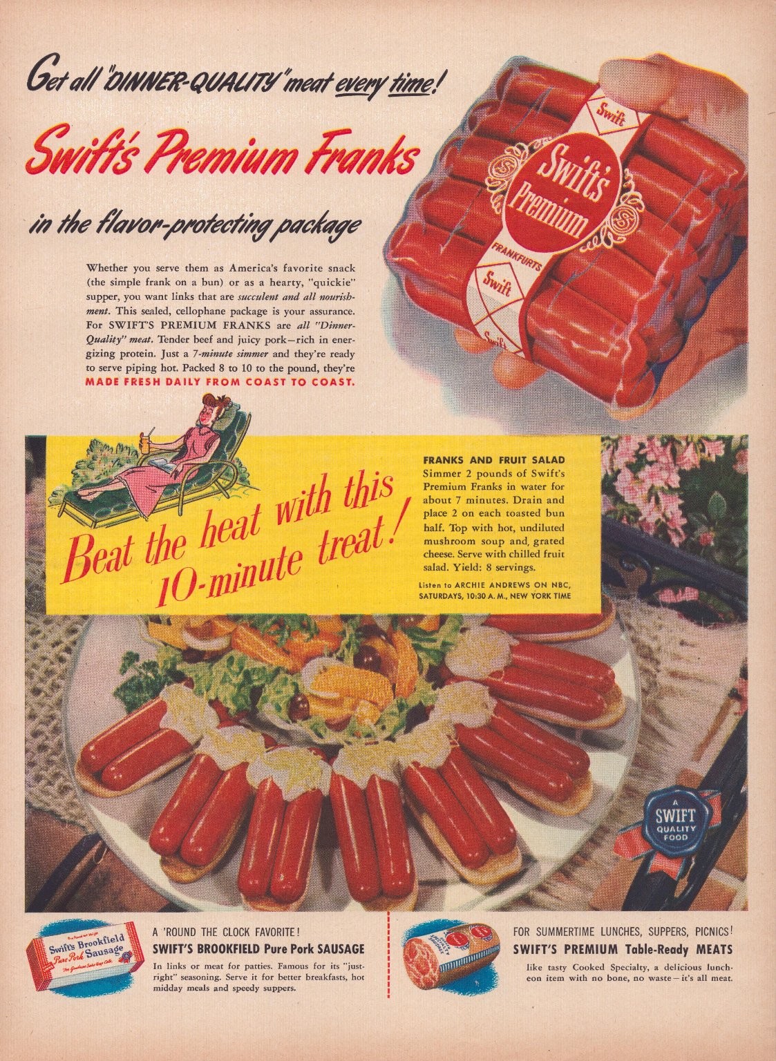 Swift’s Premium Franks 1940s Food Magazine Print Ad Sausage Recipe Vintage