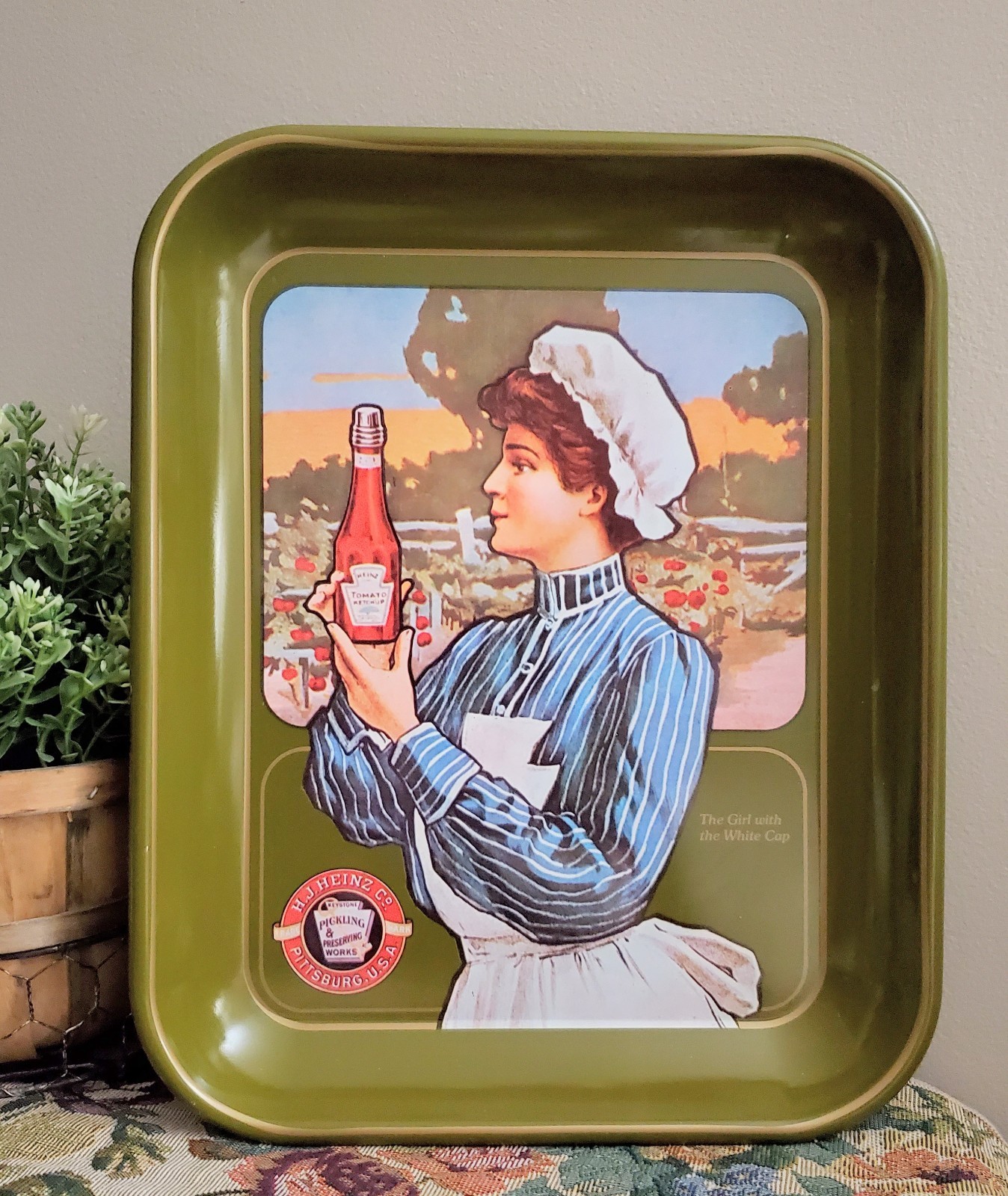 Vtg Green Metal Tray Girl with the White Cap Heinz Ketchup Advertisement 10.5×13
