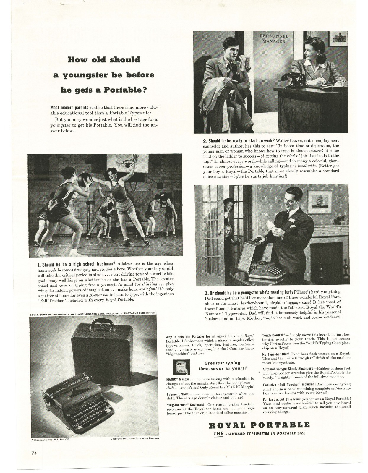 1942 Royal Portable Typewriter Vintage Print Ad Basketball Luggage Case