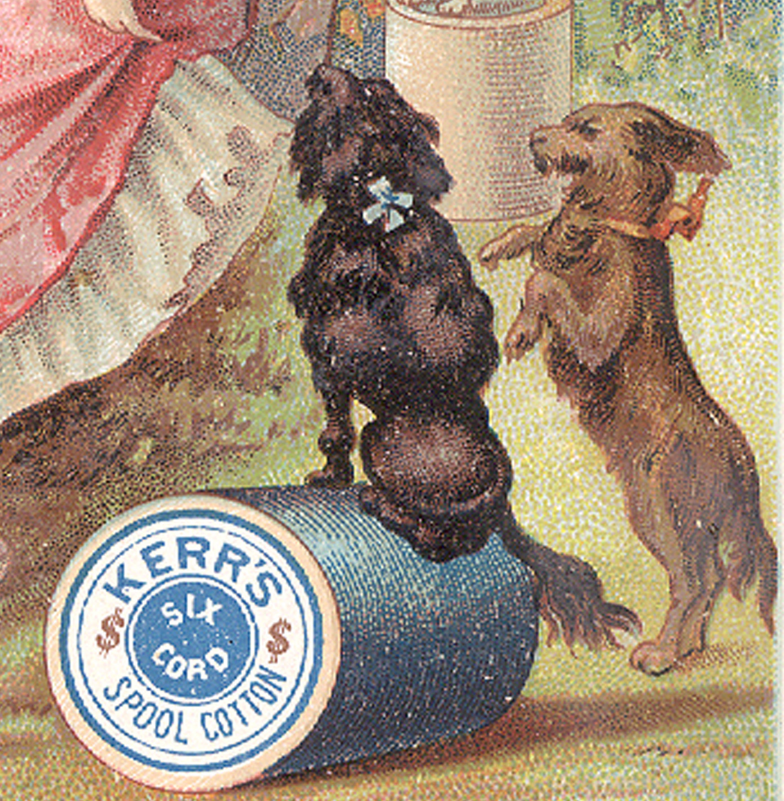 1880s KERR’S SPOOL COTTON THREAD TRADE CARD, TRICK DOGS with A PRETTY LADY Z685