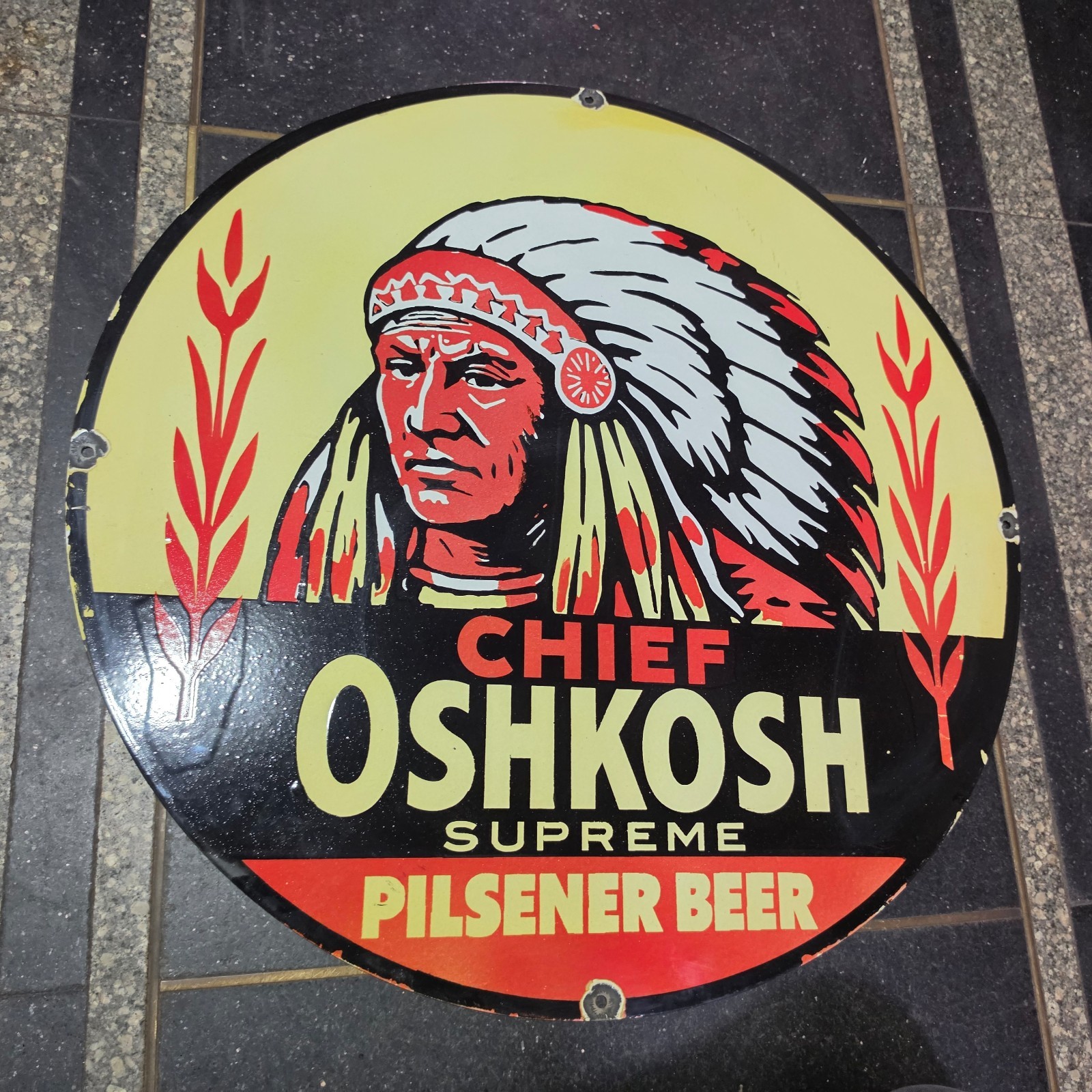 OSHKOSH BEER PORCELAIN ENAMEL SIGN 29 X 29 INCHES