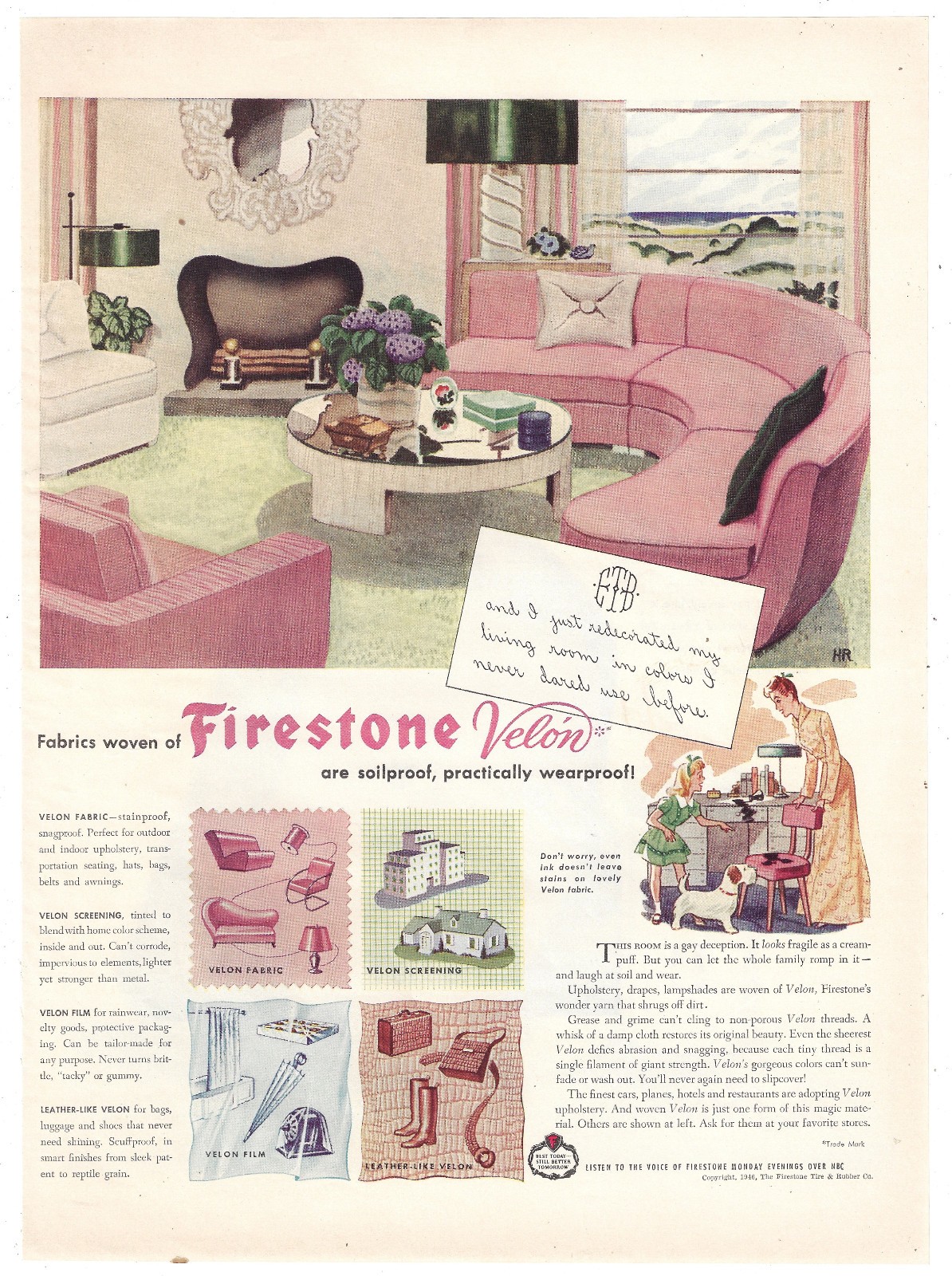 Firestone Velon Vintage Home Decor Ad Mid Century Interior Design Wall Art 1946