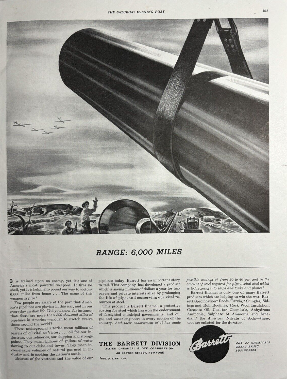 1942 Barrett Division Allied Chemical & Dye WWII Pipeline Range VTG Print Ad