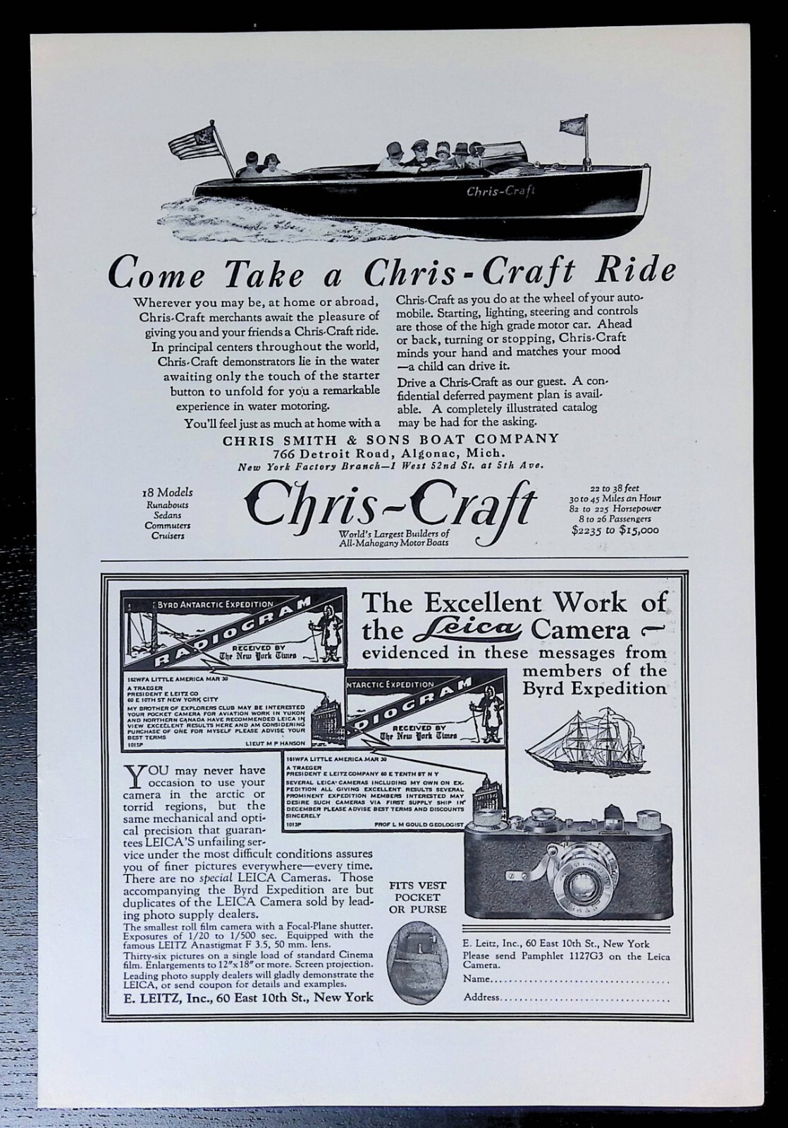 Print Ad 1929 Chris-Craft Mahogany Motor Boats Algonac Michigan