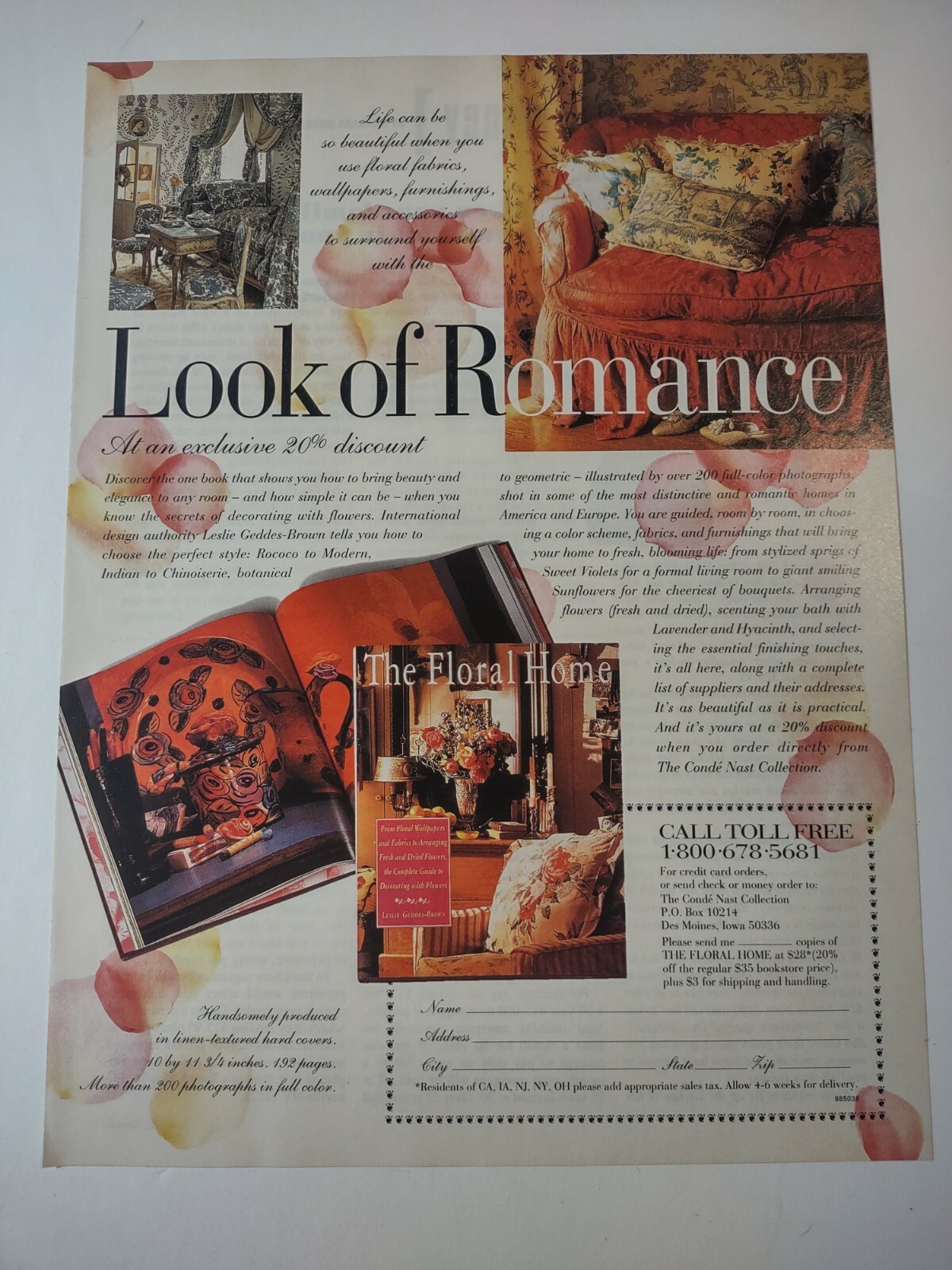 Vintage 1990s Print Ad Conde Nast Collection Floral Home Look of Romance
