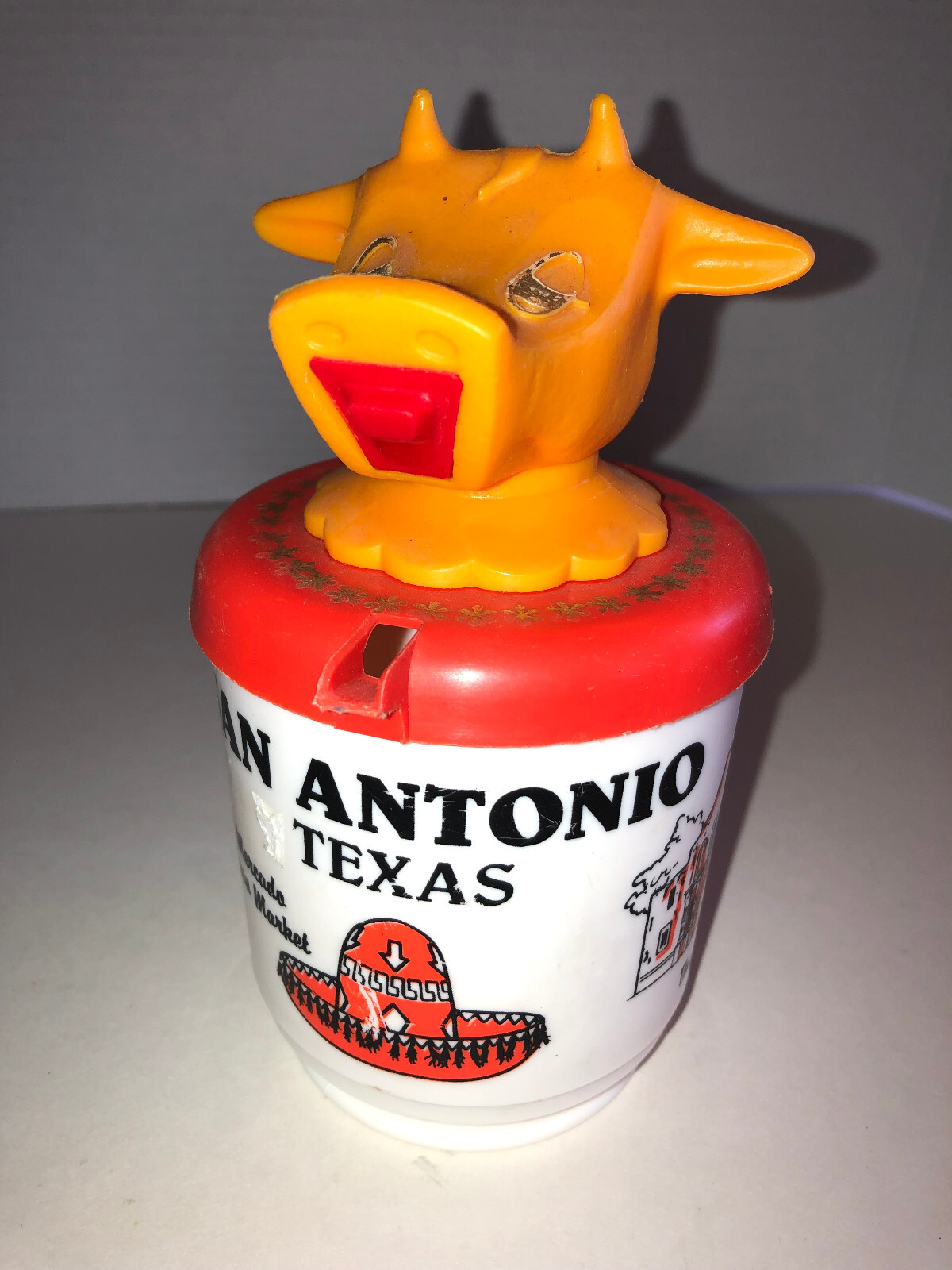 Vintage Whirley Moo Cow Dairy Creamer Mug Cup, Lidded RARE ALAMO, San Antonio TX