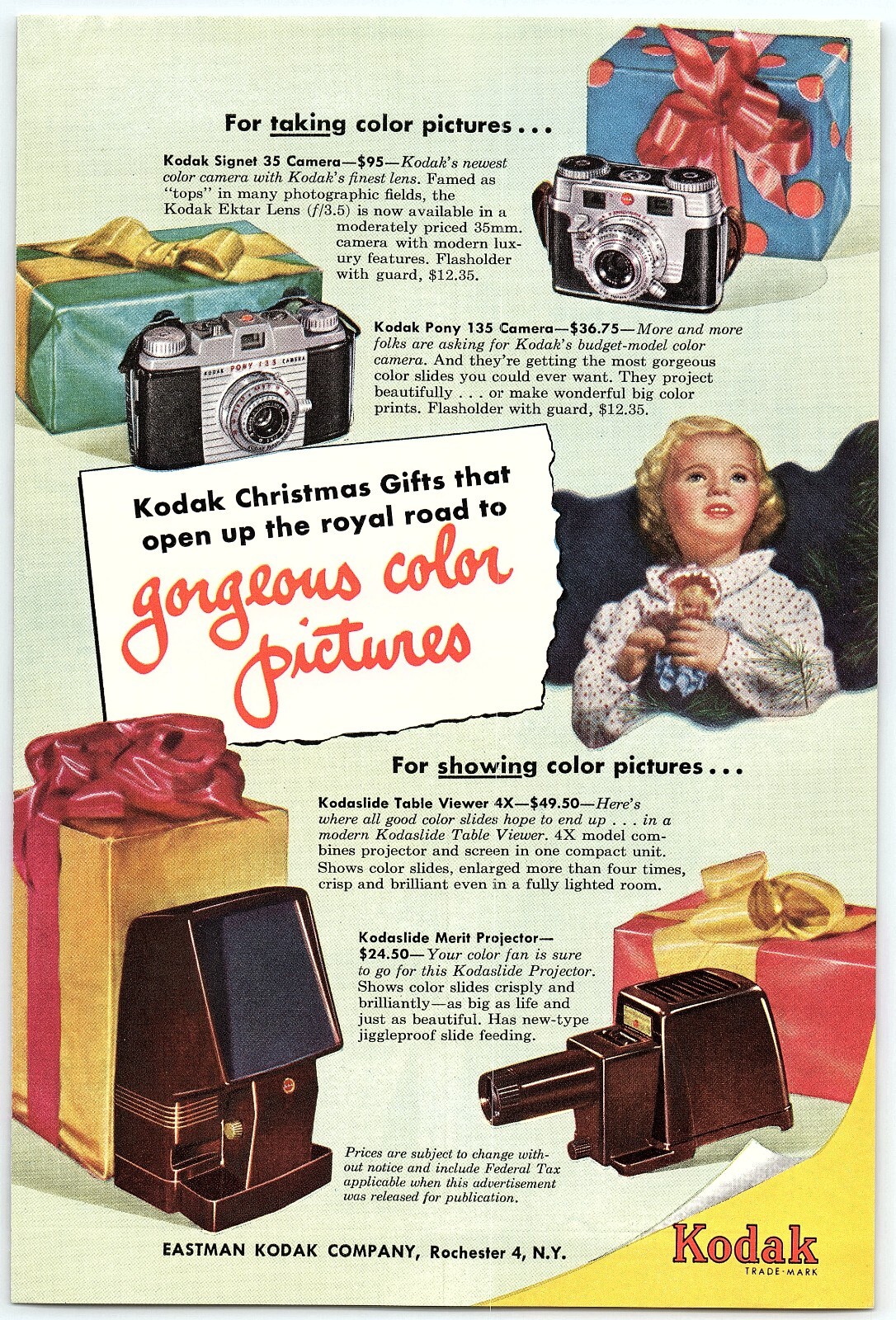 1950s KODAK CAMERAS KODAK CHRISTMAS GIFTS FULL PAGE PRINT AD Z5319