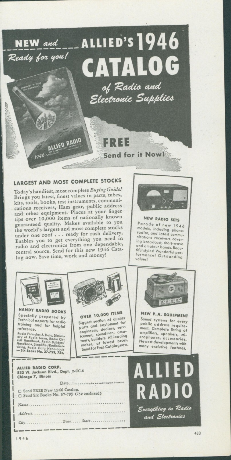 1946 Allied Catalog Offer Radio Electronic Supplies Chicago Ad RC1