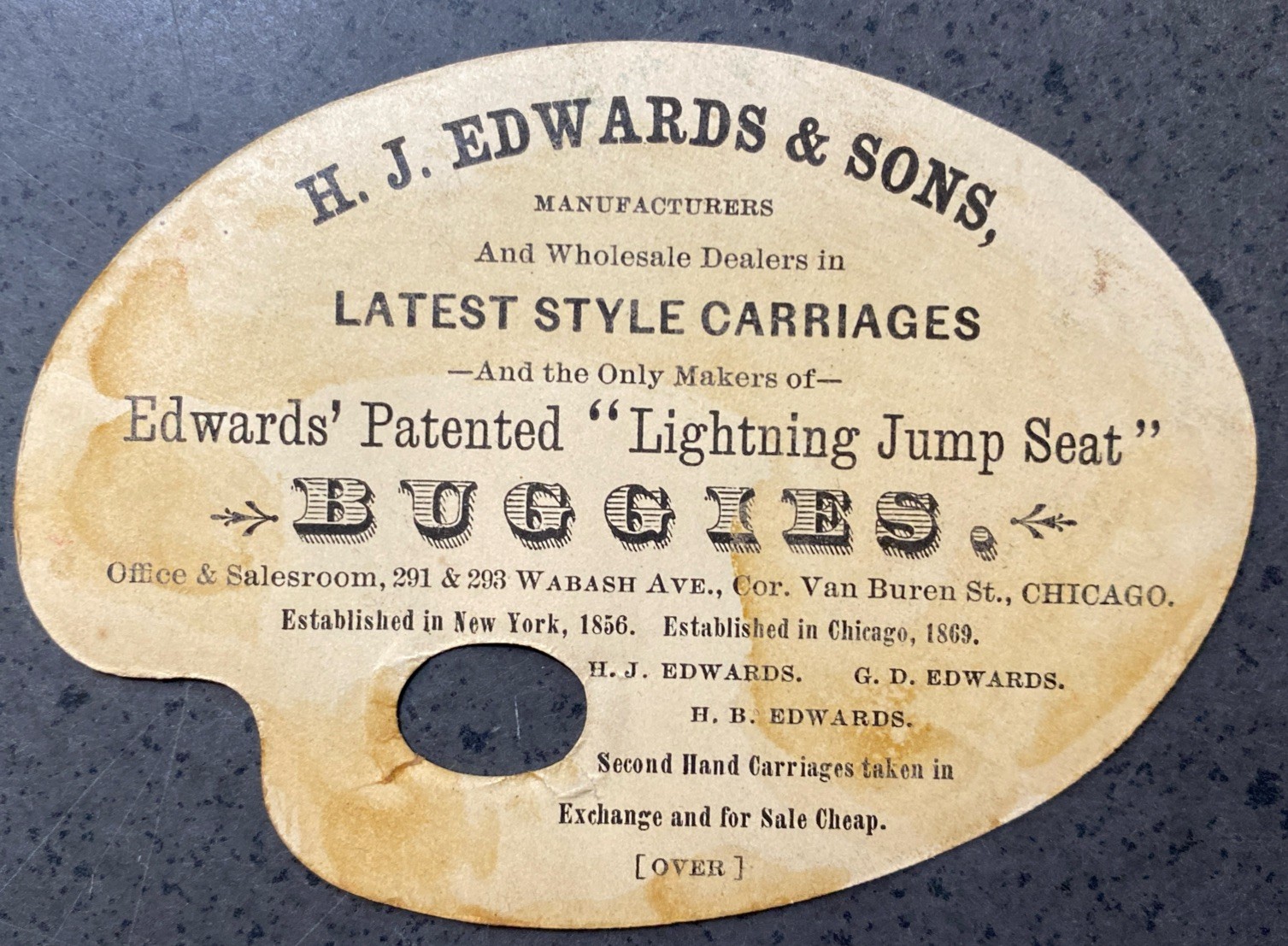 H.J.Edwards & Sons Fine Carriages Buggies CHICAGO Die Cut Easel Trade Card