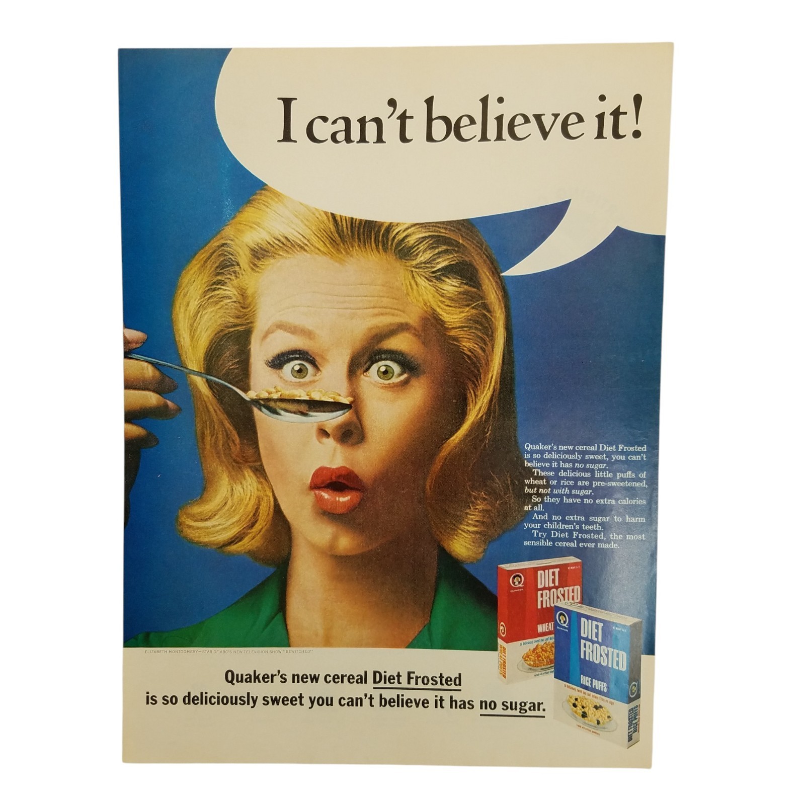 1965 Quaker Diet Frosted Cereal Vintage Print Ad Elizabeth Montgomery