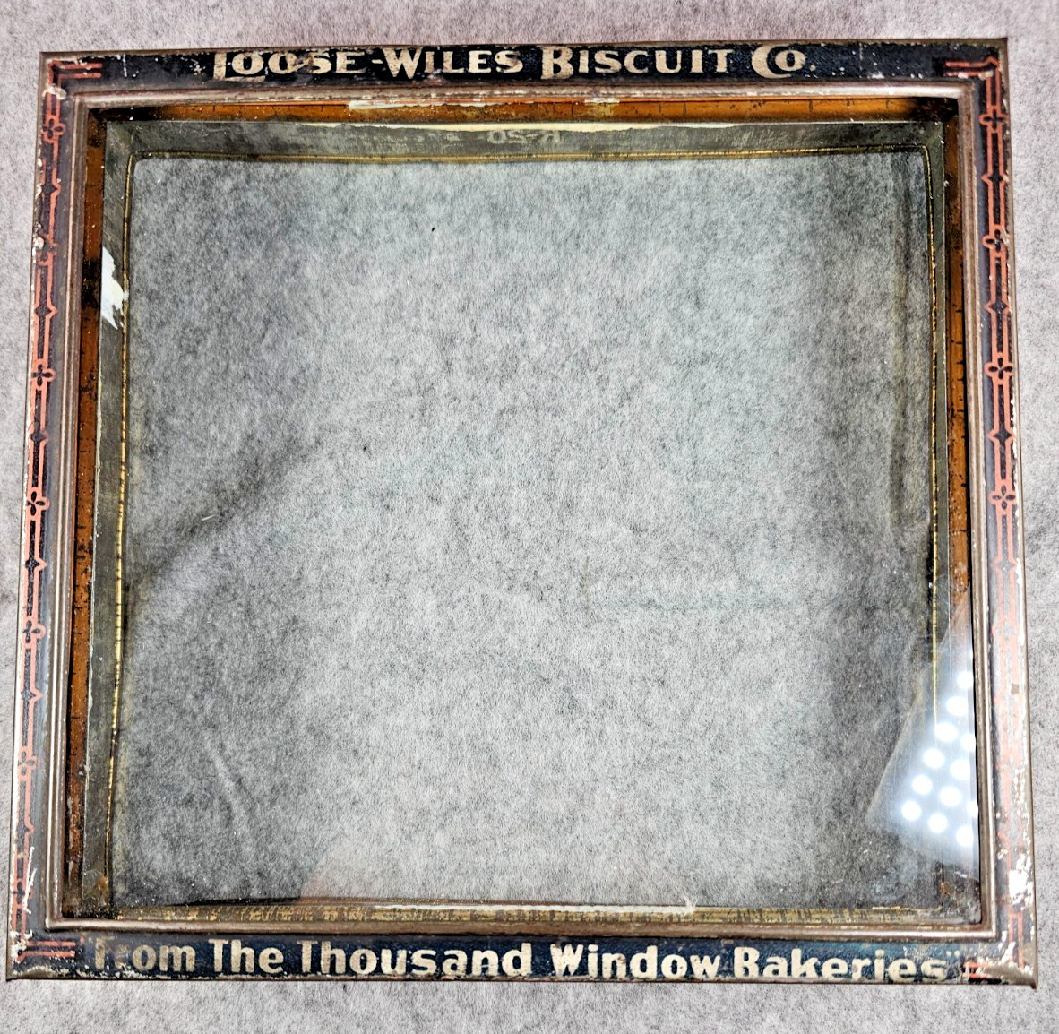 Antique Loose-Wiles Sunshine Biscuits Glass Top Store Display Tin R-20 Rare 9×9″