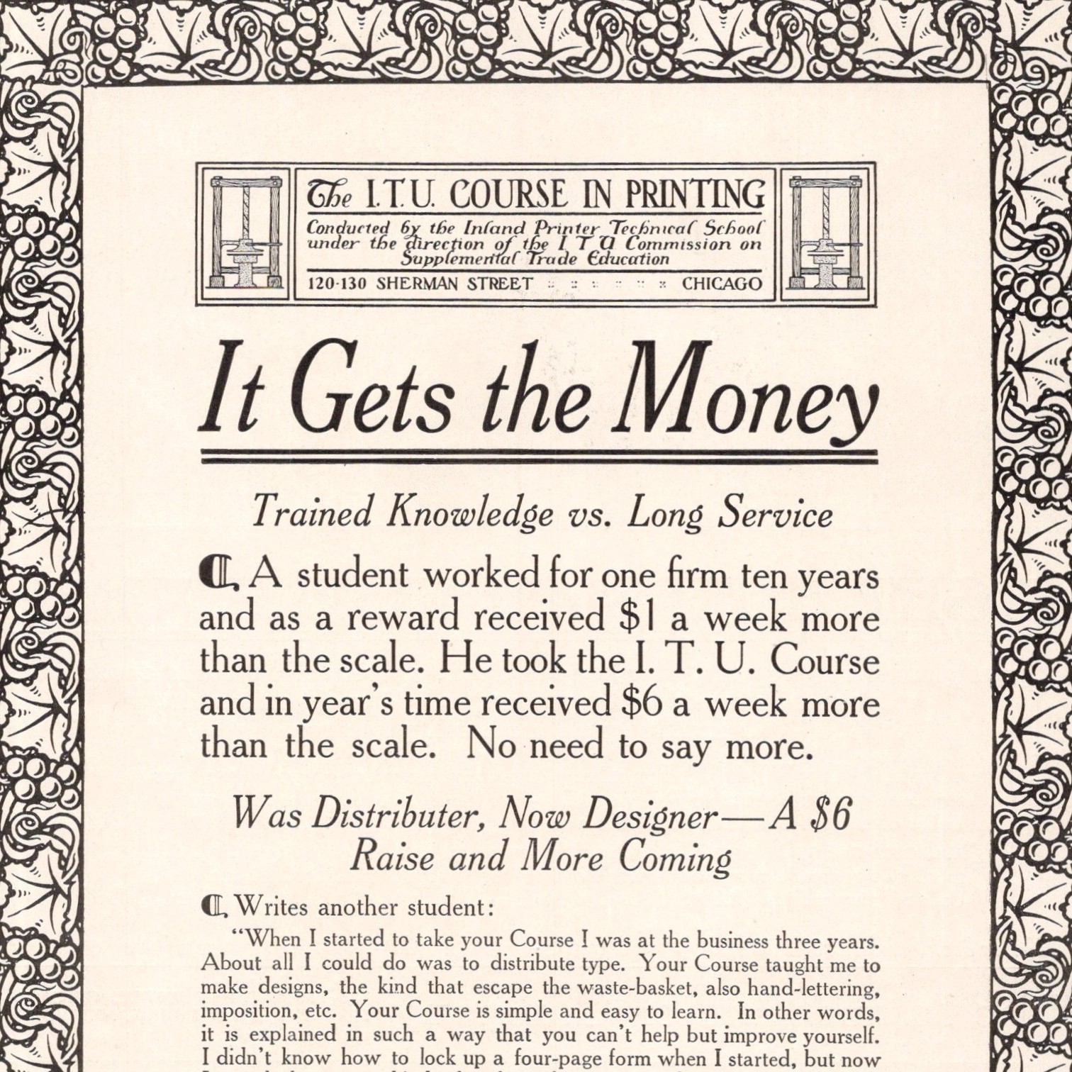 I.T.U. Course in Printing Inland Printer Technical School 1909 Print Ad