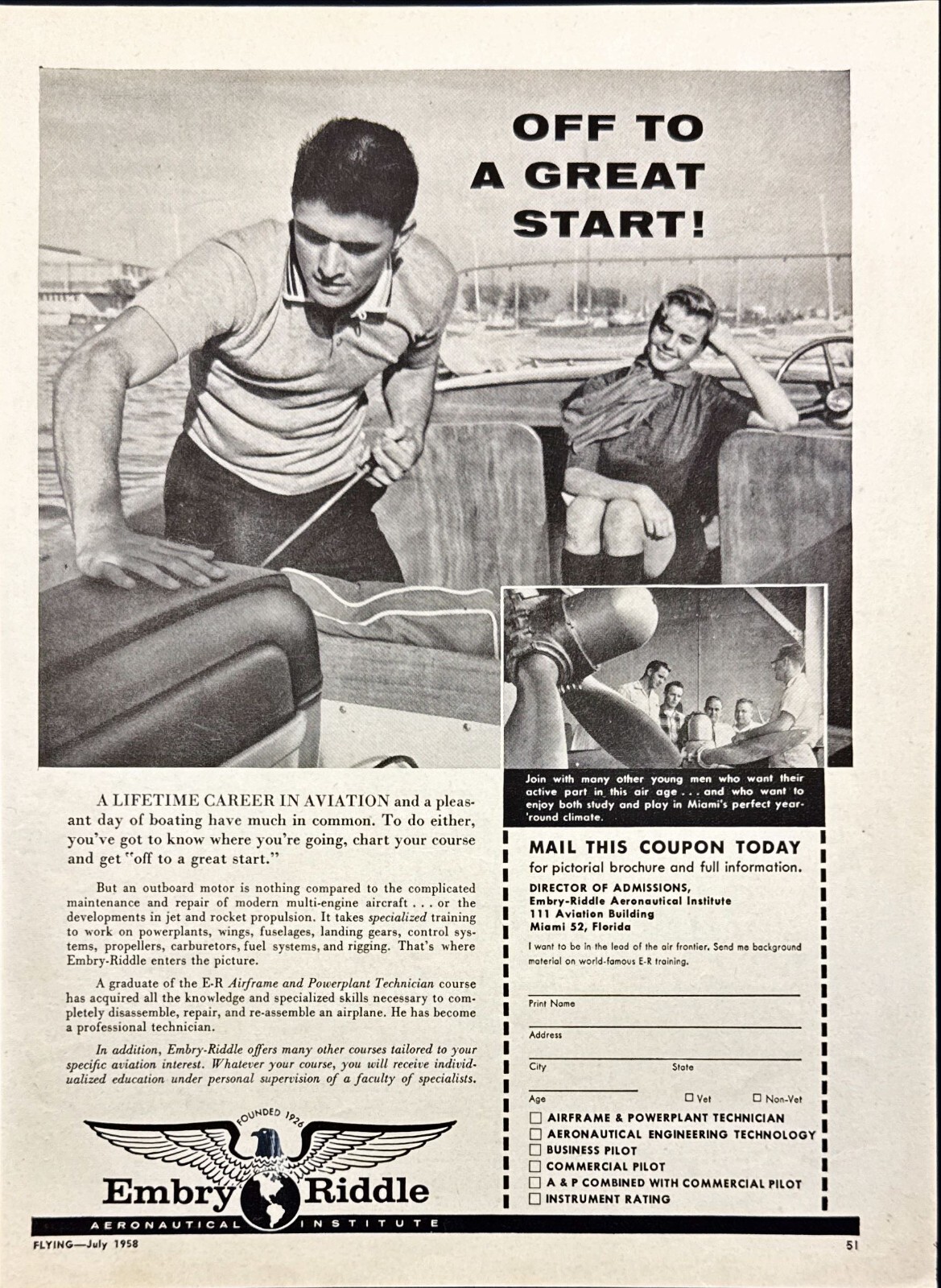 Embry Riddle Off To A Great Start Vintage Print Ad 1958
