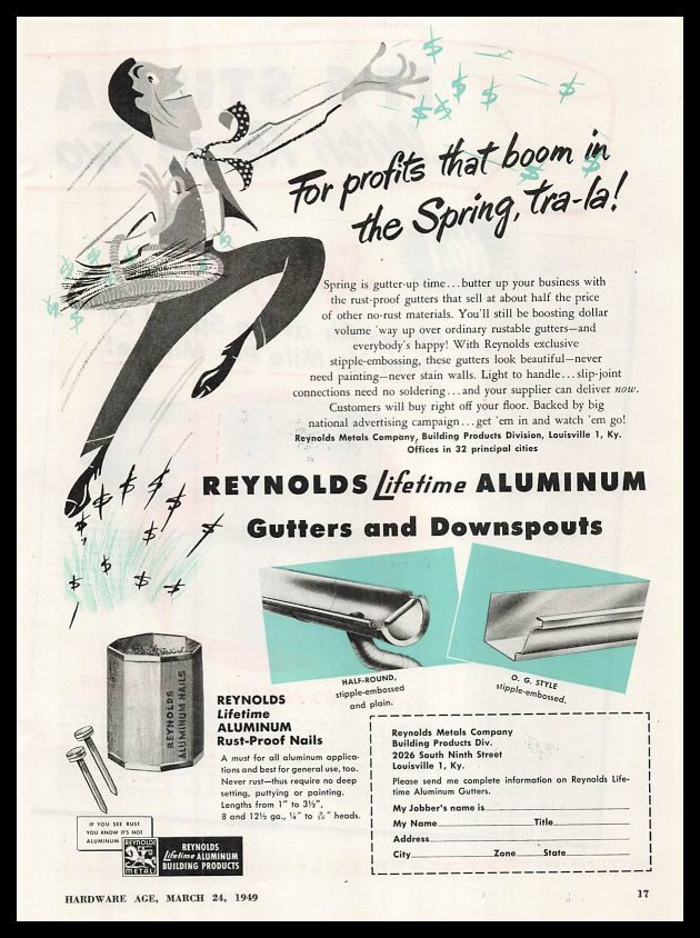 1949 Reynolds Metals Co Louisville Kentucky Aluminum Gutters Downspouts Print Ad
