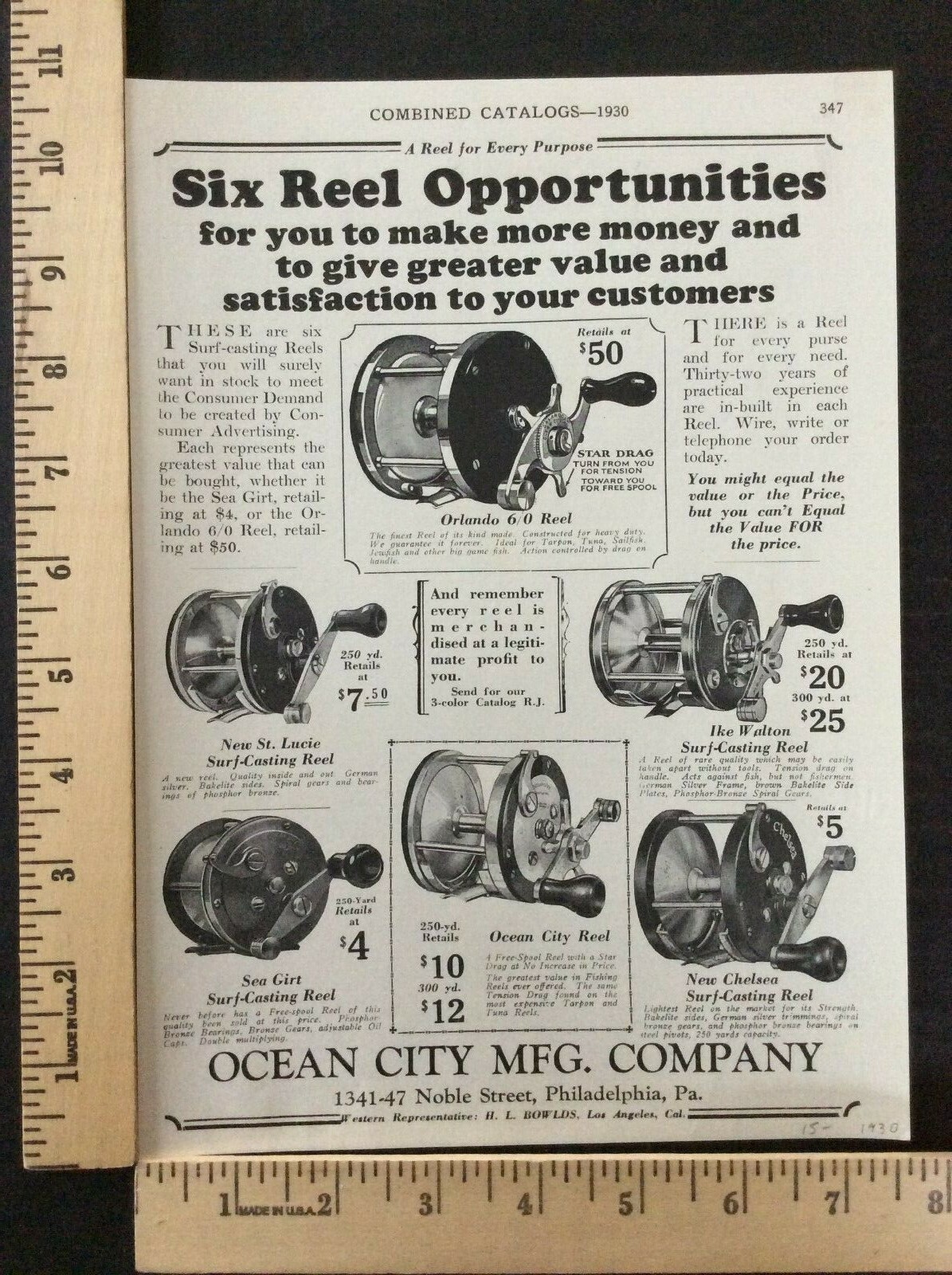 Rare Original VTG 1930 Ocean City Mfg. Co. Phil. Pa. Fishing Reels Ads Art Print