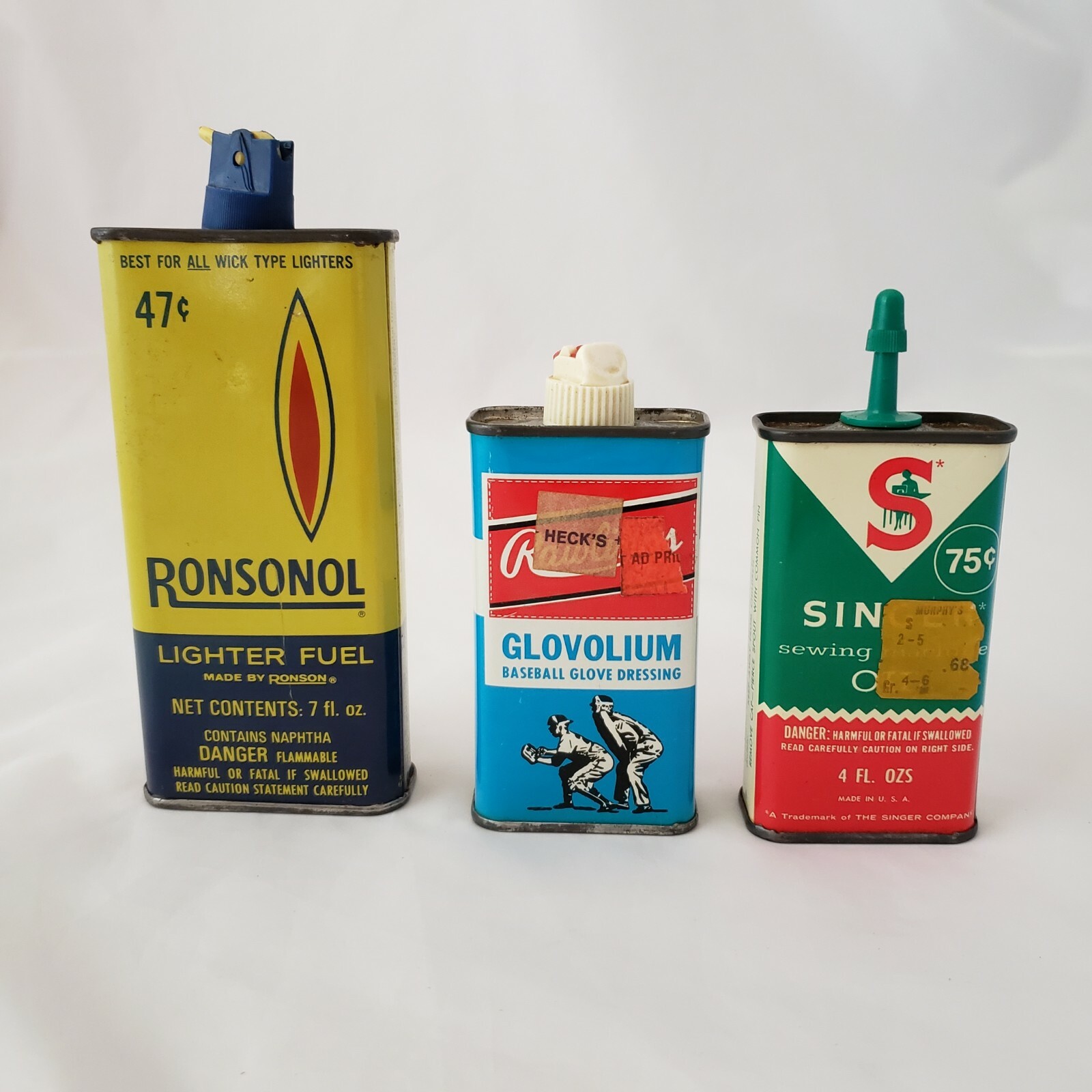 Lot 3 Vintage Oil Cans Tins Ronsonol Lighter Fluid Rawlings Glovolium Singer Oil