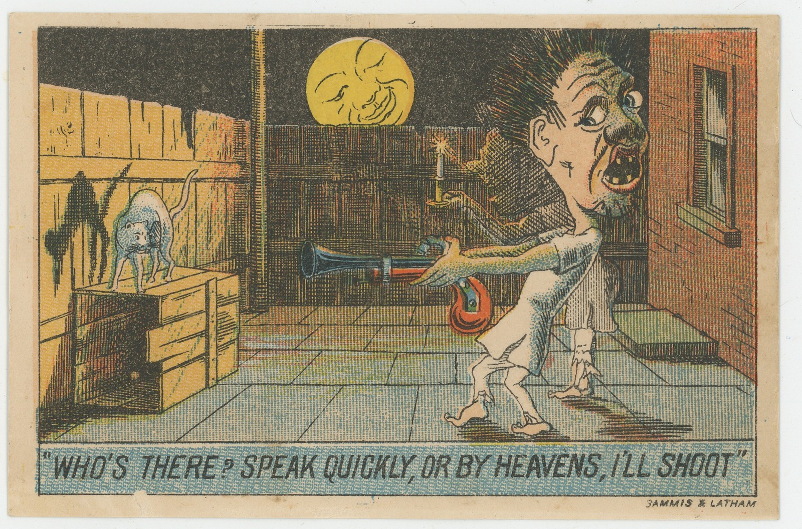 Frightened Man Smiling Moon Cat Shadow 1880’s Trade Card