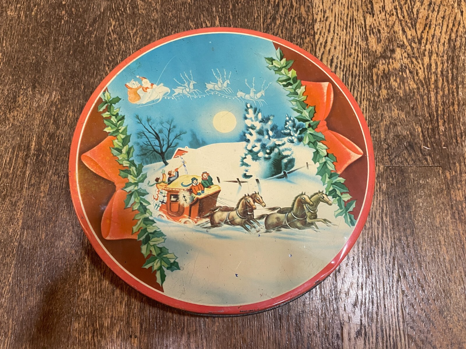 Vintage Canco Christmas Tin Horses Sleigh Winter Santa Reindeer 1930’s 1940’s