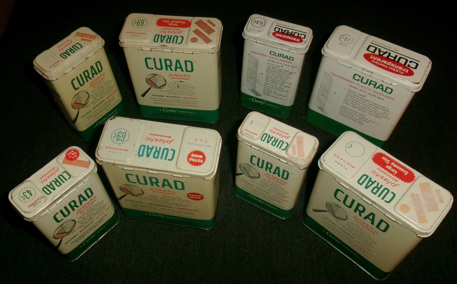 Lot of 8 Curad Bandages 1950’s VERY OLD Bandage Band Aid Tins