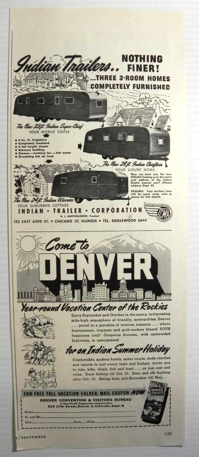 1948 Indian Trailer Corp., Chicago & Denver Convention Visitors Bureau Print Ad